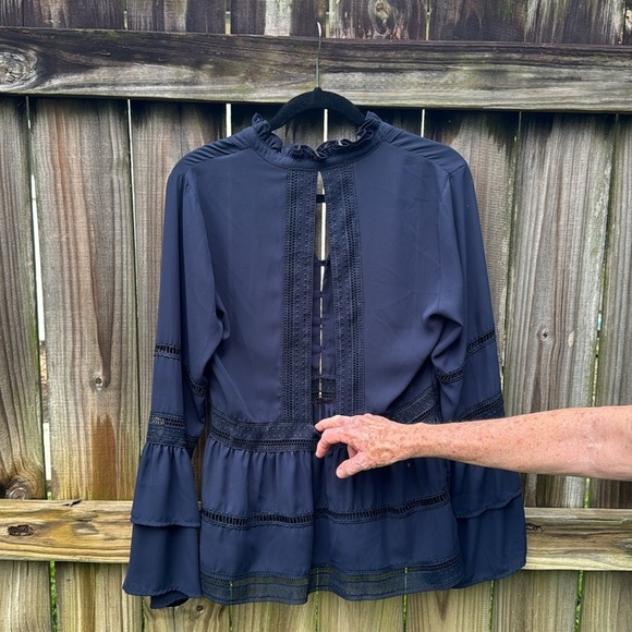 Octavia navy blouse, lace details, bell sleeves, size medium - Picture 4 of 6